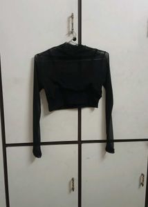 Chic Black Mesh Mock Neck Crop Top