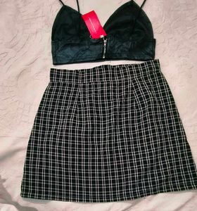 Checkered Mini Skirt with leather top set
