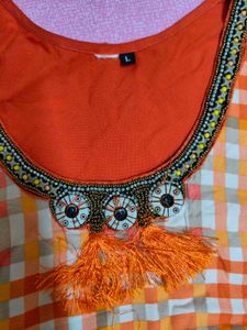 Orange Checkered Kurti with Embellished Neckline