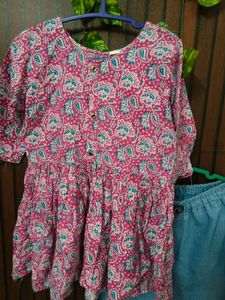 Stylish Pink Printed Kurta with Blue Pants