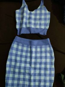 Cute Gingham Knit Crop Top &amp; Skirt Set