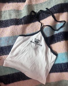 White Graphic Halter Neck Crop Top