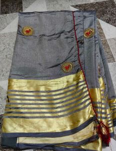 Elegant Grey Saree with Gold Border
