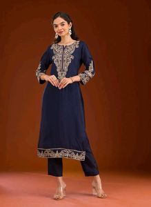 Embroidered Navy Blue Kurta