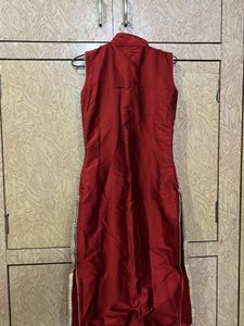 Red Mandarin Collar Dress with Gold Details