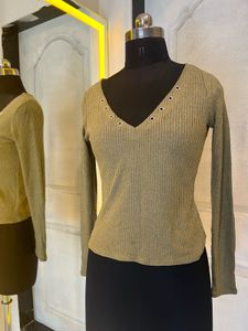 Ribbed V-Neck Top with Eyelet Detail
