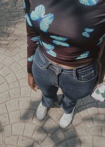 Blue Butterfly Print Long Sleeve Mesh Top