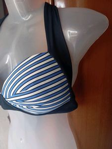 Blue &amp; White Striped Halter Bikini Top