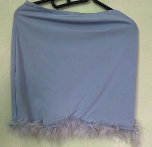 Blue Cropped Blazer and skirt with Feather Cuffs