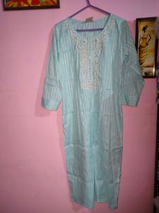 Sea Emerald Blue Colour Embroidery Kurti