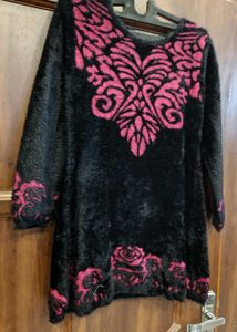 Black Faux Fur Kurta with Pink Embroidery