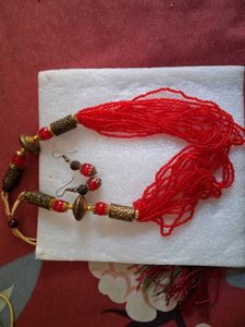 Red Beaded Necklace and Earring Set