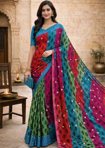 🇳🇿💫🎀Colorful Printed Saree sequence work