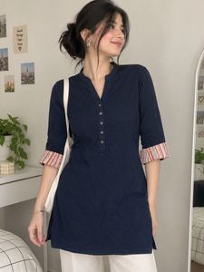 Stylish Navy Blue Kurta with Striped Cuffs