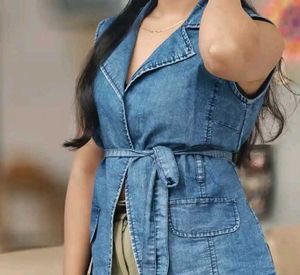 Denim Sleeveless Jacket with Belt