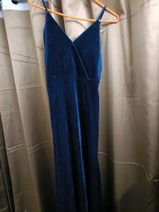 Elegant Navy Velvet Gown with High Slit