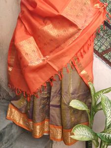 1-TimeUsed GreyLehngaWthOrangeBorder+Blouse+Dupat