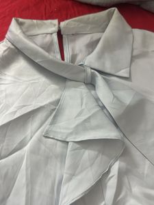 Elegant Light Blue Bow Blouse