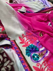 wool work Pink Embroidered Saree
