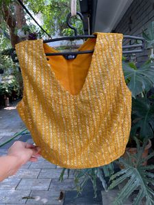 Mustard Sequin V Neck Crop Top