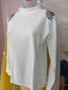 White Mock Neck Top with Shoulder Detail