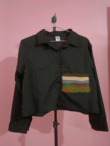 Black Cropped Button-Up Shirt with Patchwork Detai