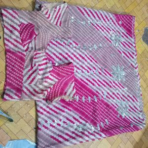 Pink & White Bandhani Saree