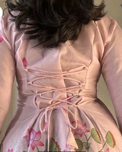 Elegant Pink Floral Blouse with Tie-Up Back