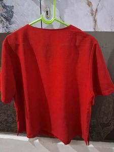 Red Button-Up Top with Cute Embroidery