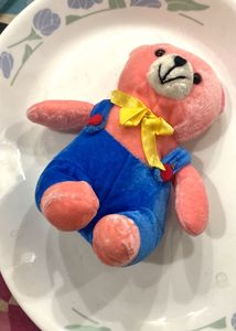 Cute Pink Teddy Bear with Blue Overalls