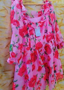 Korean Pink Floral Organza Dress