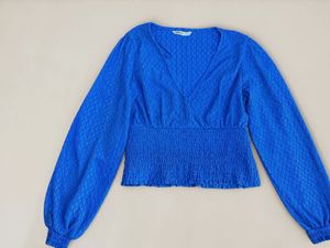 Blue Smocked V-Neck Crop Top