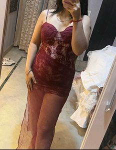 Burgundy Lace Dress with Sheer Overlay