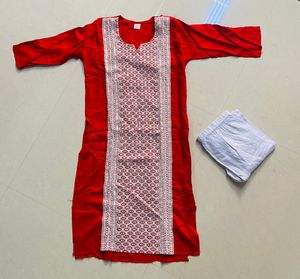 Red Chikankari Neck Design Kurta With Whitelegging
