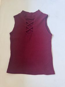 Maroon Ribbed Sleeveless Top with Criss-Cross Neck