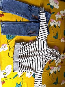 Cute Jeans and Striped Hoodie Set
