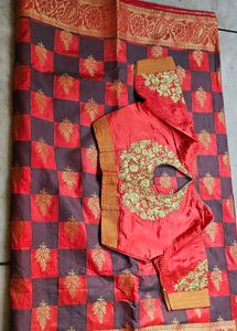 Red &amp; grey  Checked Saree