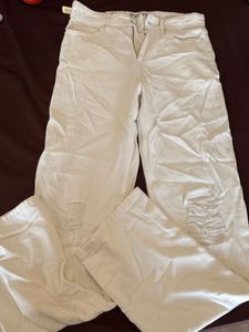 Cream Distressed Wide-Leg Jeans