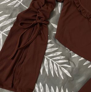 Brown Long Sleeve Tie Detail Crop Top