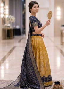 Yellow  &amp; blue Lehenga Choli with stiched Blouse