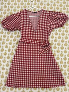 Red Gingham V-Neck Mini Dress