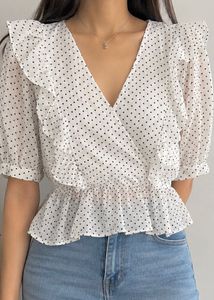 White Polka Dot Wrap Peplum Top