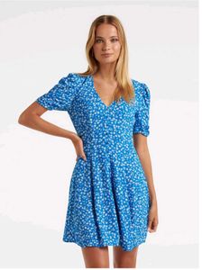 Blue Floral Puff Sleeve Mini Dress