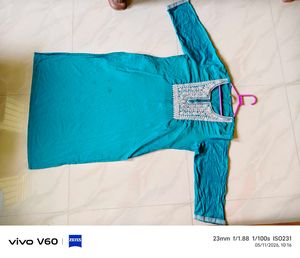 Teal Kurti with Embellished Neckline