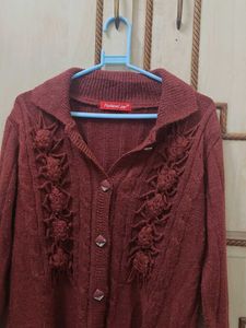 Maroon Cable Knit Cardigan with Floral Detail