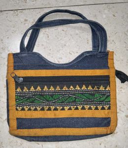 Denim Handbag with Embroidered Detail