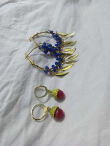 Blue Beaded Gold Leaf Hoop Earrings ✨and a free re