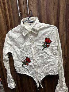 White Rose Patch Crop Shirt