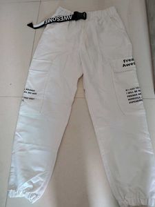 White Cargo Pants with "AWESOME" Belt Look