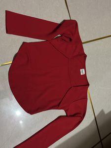 Red Square Neck Long Sleeve Top